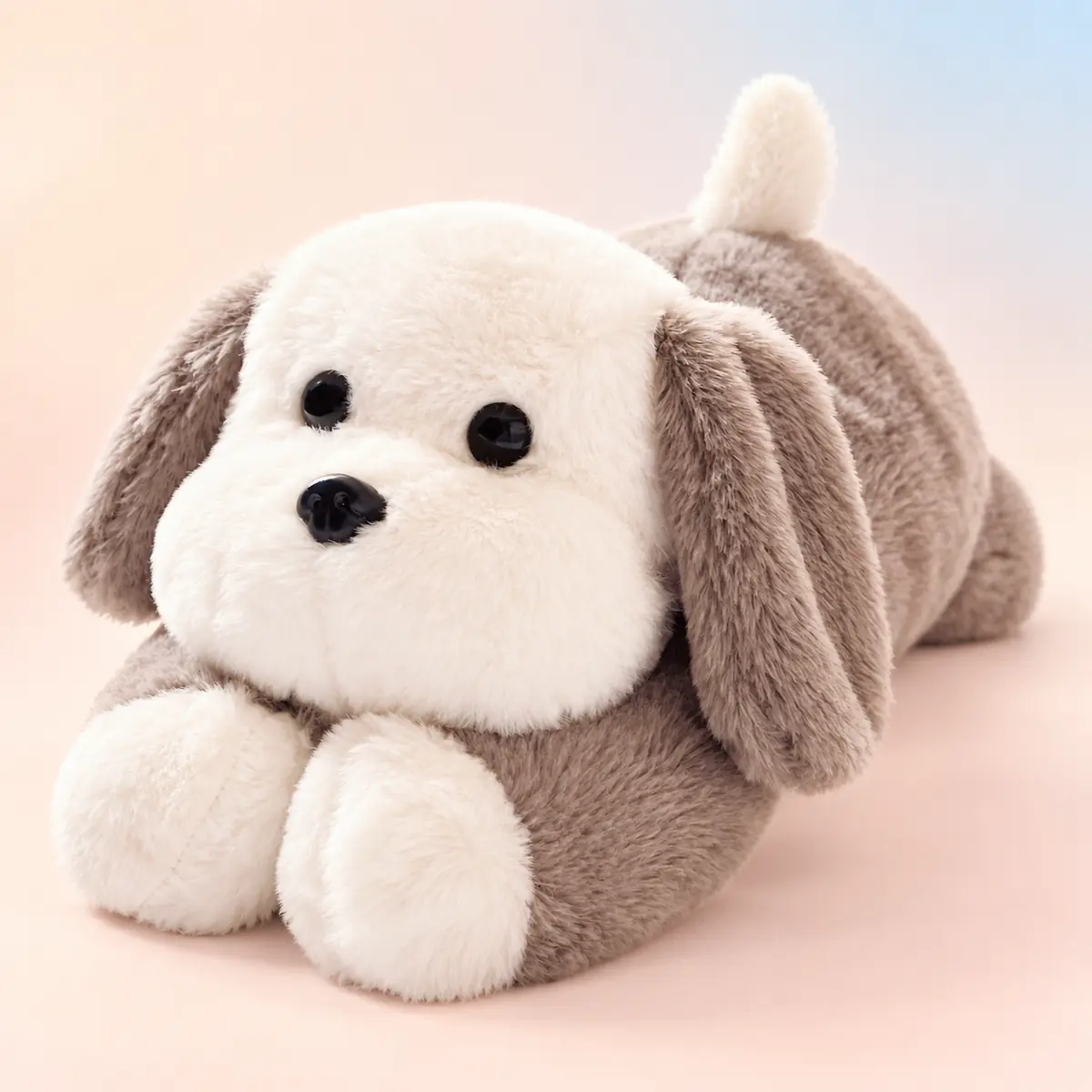 Pebble, the grey-and-white dog weighted plush with floppy ears and a cream muzzle, lying down against a soft peach studio background
