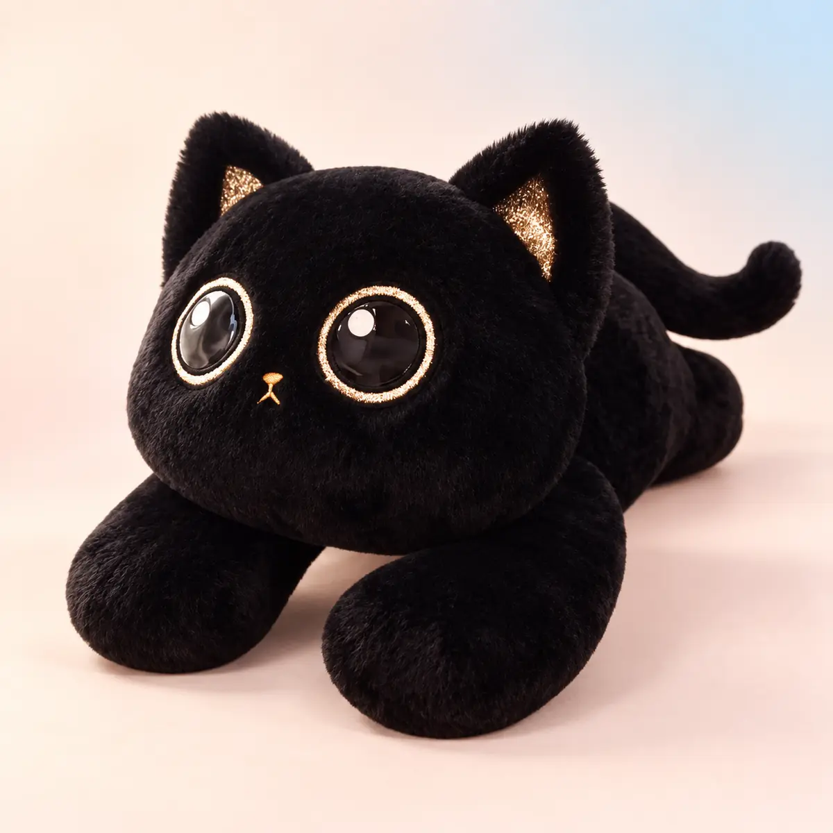 Luna, the black cat weighted plush with large glossy eyes and gold-lined ears, against a soft peach studio background